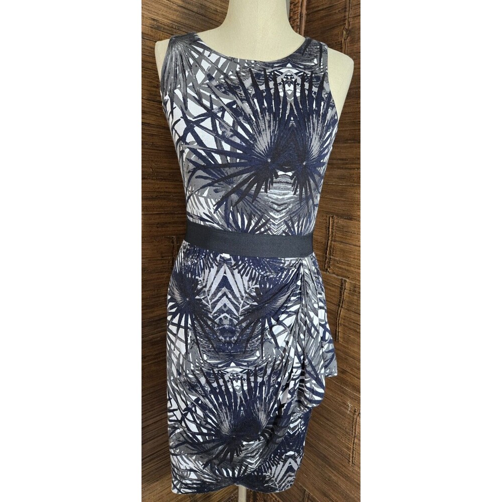 Bailey 44 Body Con Knit Tank Dress Size M Black & Gray Tropical Print Faux Wrap